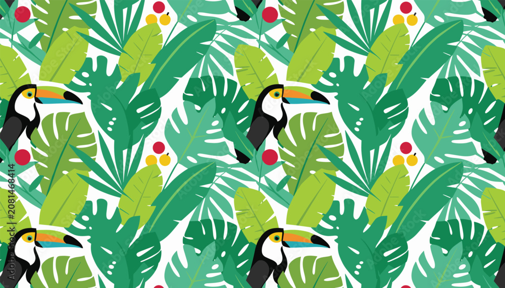 Fototapeta premium Seamless pattern with toucans and tropical leaves