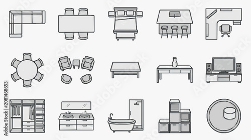 Obraz na płótnie Clean Minimalist Line Drawing Icons Set of Modern Furniture and Home Appliances