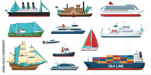 Quadro su tela Water transportation ship and boat vector collection with cruise liner, container cargo vessel, sailboat, steamship, and yacht isolated on white