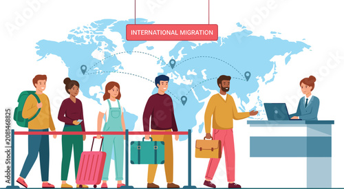 Foto International migration concept with diverse people queue standing at customs border control desk with world map background vector illustration