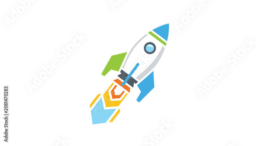 Colorful rocket ship launching with blast fire