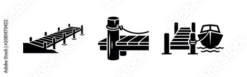 Foto Set of dock and boat icons, illustrating marine infrastructure, harbors, and mooring activities