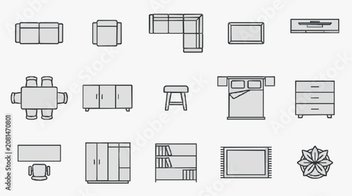 Tableau sur toile Corporate Minimalist Line Drawing Icons Set of Modern Office Furniture and Decor