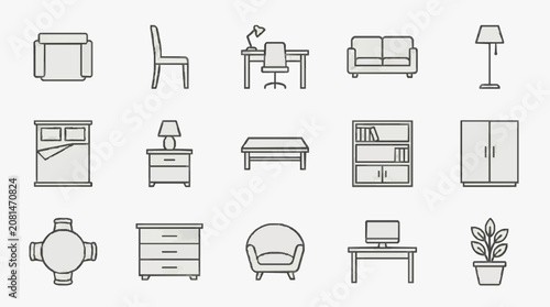 Minimalist Black and White Line Drawing Icons Set of Common Household and Office Furniture and Decor Items