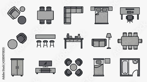 Corporate Flat Icons Set Minimalist Gray Scale Illustrations of Office and Living Room Furniture and Appliances