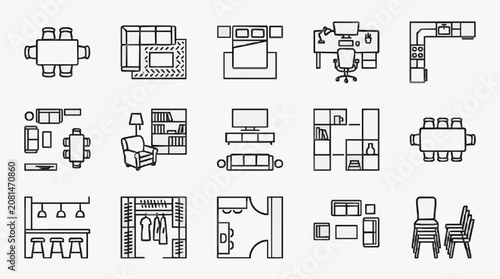 Modern Minimalist Black and White Line Icons Set of Various Home and Office Furniture and Fixtures