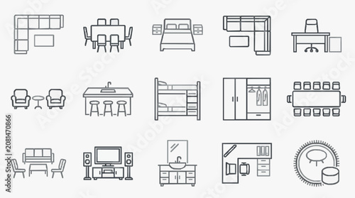 Minimalist Line Drawing Icons Set of Various Furniture and Room Types in Monochromatic Grayscale