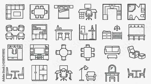 Modern Minimalist Black and White Line Icons Set of Various Home and Office Furniture and Room Layouts