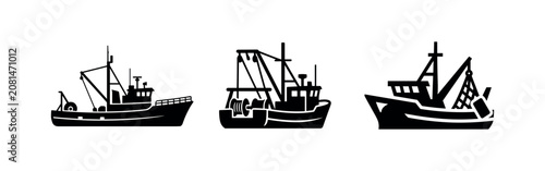 Tableau sur toile Black silhouette icons of fishing boats