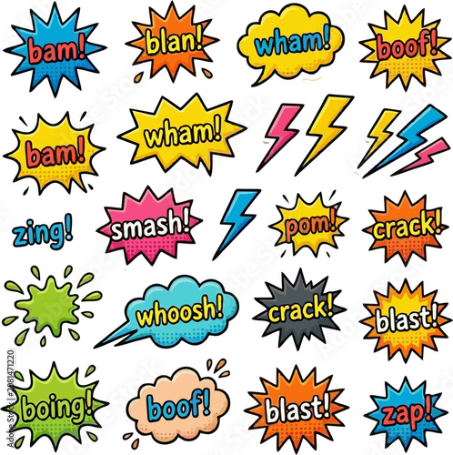 Tableau sur toile Set of Comic Book Action Sound Effects with Colorful Speech Bubbles, Lightning B