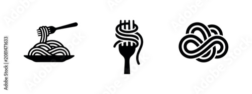 Canvastavla Three black silhouette icons representing pasta and forks on a white background
