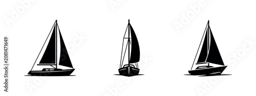 Foto Silhouette icons of three sailboats viewed from different angles on a white background
