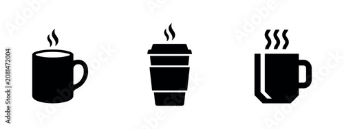 Fotografía Silhouette icons of three hot beverages in cups and a travel mug on a white background