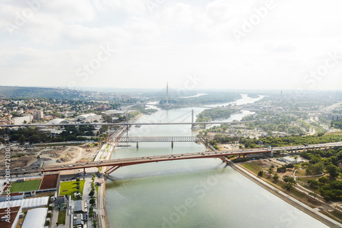 High Angle Aerial View of Sava River and Bridges in Belgrade