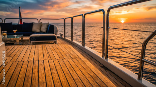 Comfortable outdoor seating lounge on wooden deck of luxury private yacht sailing over calm ocean water during beautiful spectacular golden summer sunset