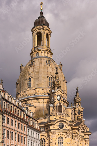 Majestic Dresden Frauenkirche Baroque Cathedral Illuminated Beneath Dramatic Storm Clouds at Sunset