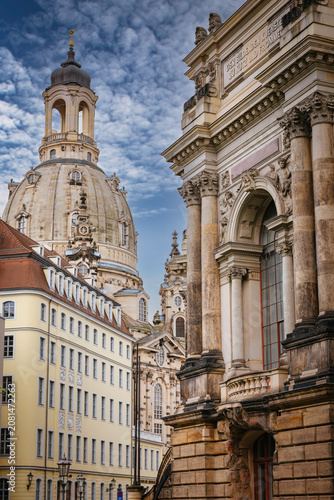 Historic Dresden Baroque Architecture with Frauenkirche Dome Under Dramatic Cloudy Blue Sky