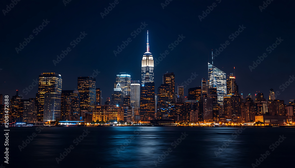 Obraz premium Night Cityscape with Illuminated Skyscrapers Reflecting on Water in Urban Landscape