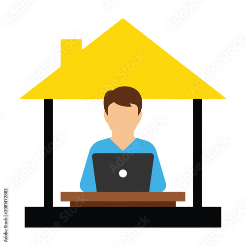 Man Working Remotely on Laptop Computer Inside House Icon for Home Office Concept
