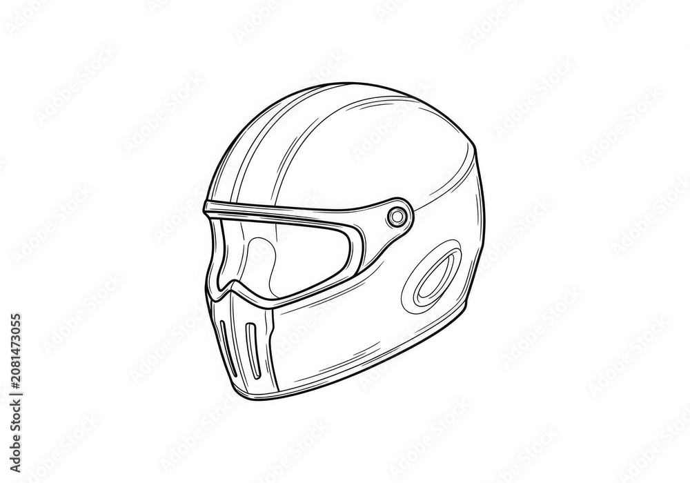 Fototapeta premium A black and white line drawing depicts a vintage motorcycle helmet. The helmet has a streamlined shape with a visor and a small opening near the eye area.
