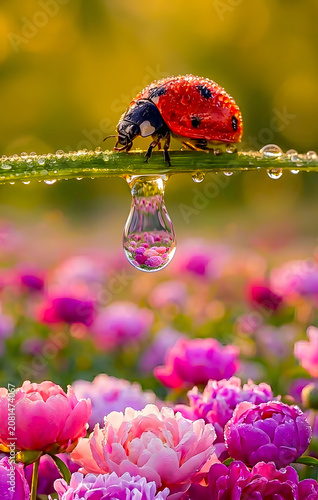Spiegelung im Morgentau: Marienkäfer über einem farbenprächtigen Blumenmeer