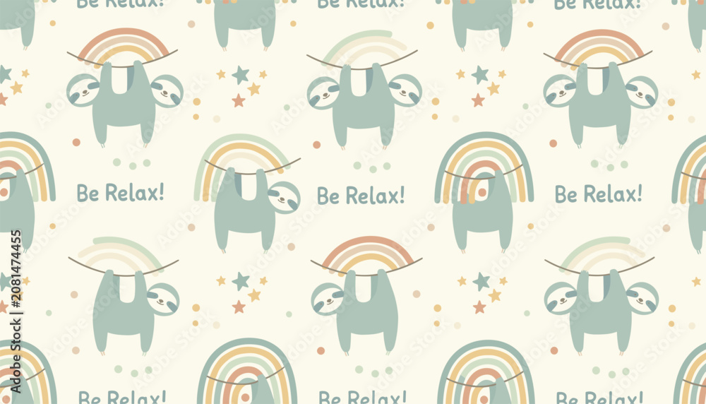 Fototapeta premium Seamless pattern with cute sloths and rainbows