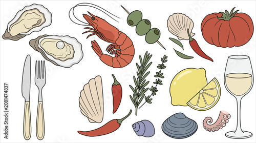 Canvastavla Vibrant vector collection featuring fresh seafood, aromatic herbs, ripe lemon, c