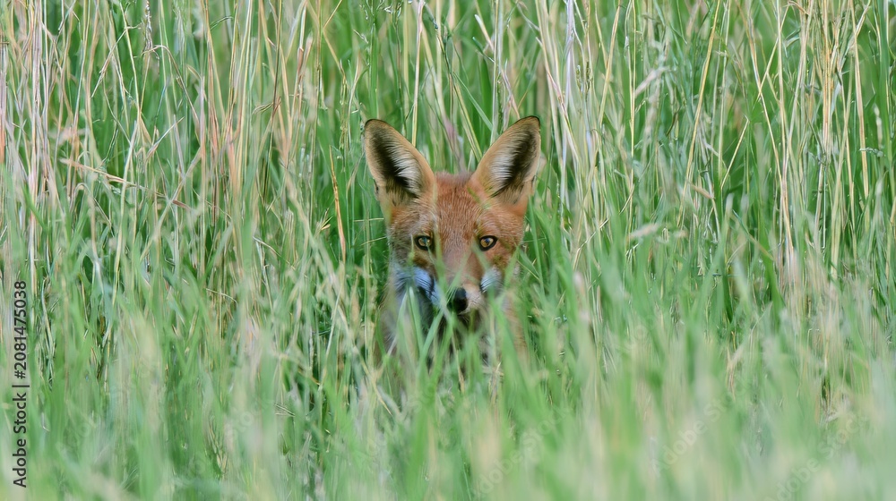 Fototapeta premium Fox looking out from tall grass in a green field during daylight hours