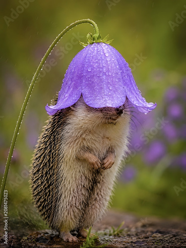 Ein bezaubernder kleiner Igel mit einer lila Glockenblume als Hut im frühlingshaften Wald
