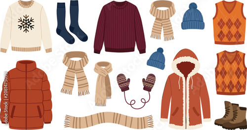 Cuadro en lienzo Warm winter fashion clothes and accessories vector collection with cozy sweaters, puffer jackets, parkas, knitted scarves, and woolen mittens isolated on white