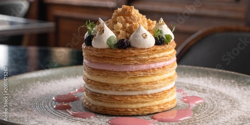 Modern Mille-feuille with colorful cream layers, crispy puff pastry, artistic plating, high-end patisserie style.
