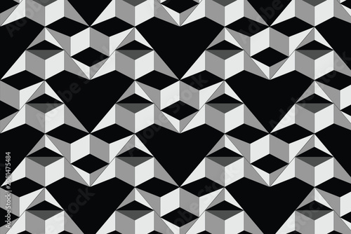 Geometric seamless pattern with 3D isometric cubes, monochrome abstract background vector, black and white optical illusion textile design