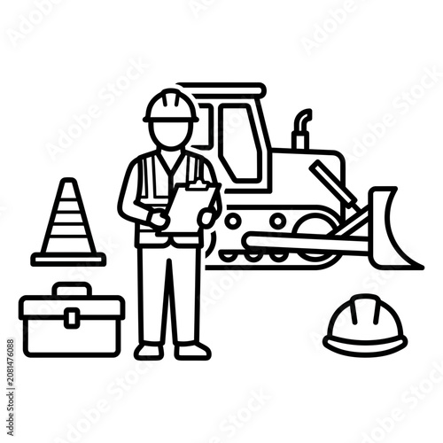 Construction worker with bulldozer and safety equipment icon