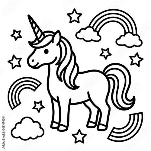 Cute unicorn with stars and rainbows coloring page
