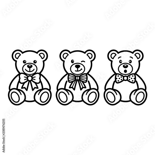 Three cute teddy bears with bow ties outline icon set