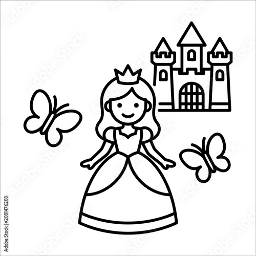 Cute little princess with castle and butterflies line art