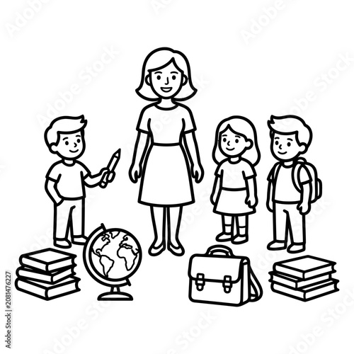 Teacher and students with school supplies in classroom
