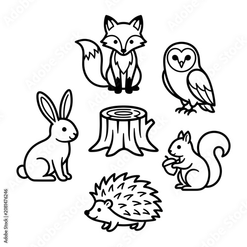 Cute forest animals set with fox owl rabbit squirrel and stump