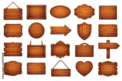 Rustic wooden signs collection, 20 vintage wood planks and hanging boards, brown timber frames and directional arrows vector set