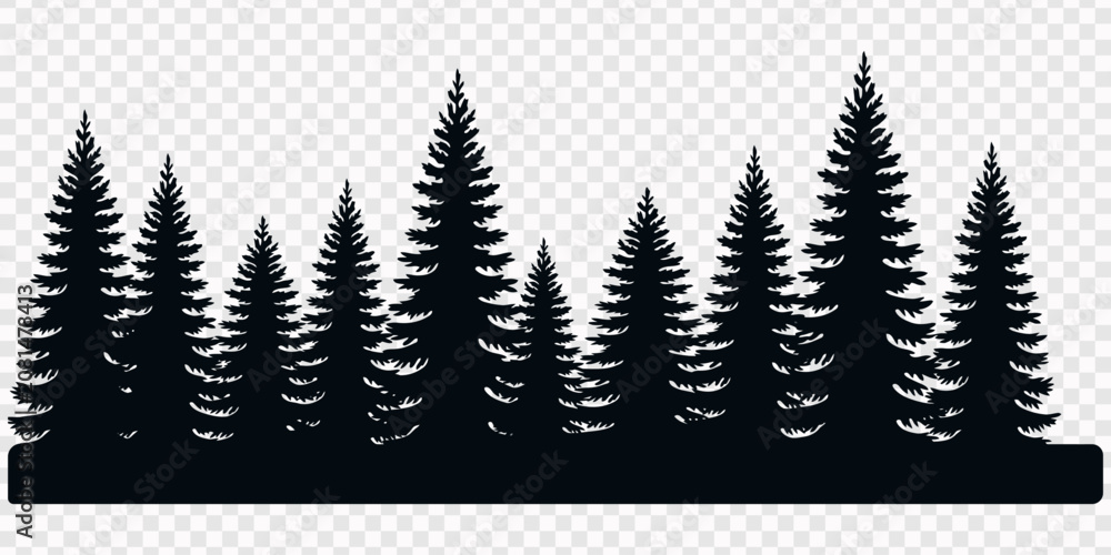 Fototapeta premium Minimalist black vector illustration showing a dense forest of pine trees arranged in a sharp clean silhouette against white background, Black silhouette of a dense forest of pine trees with textured 