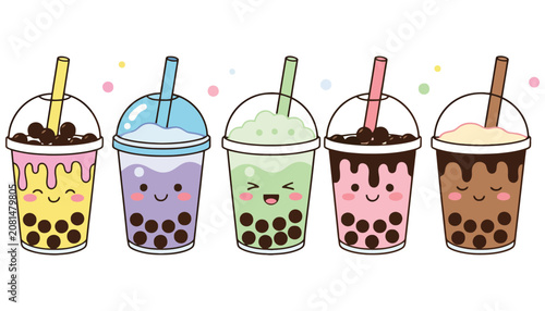 Imagine prompt. set of five colorful cute boba tea drinks