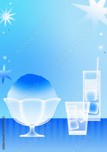 Summer background template with blue shaved ice and cold drinks and copy space for text