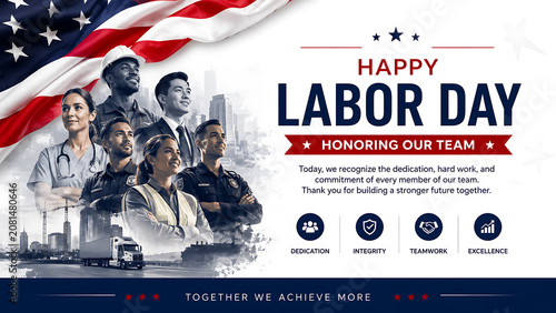 Labor Day poster honoring team members with diverse professionals and American flag dedication integrity