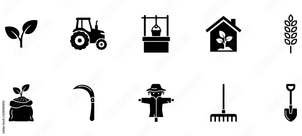 Fototapeta premium Set of black farming and agriculture icons representing rural life and gardening equipment tools.