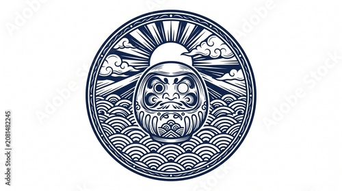 Traditional daruma doll illustration in japanese retro style circle frame