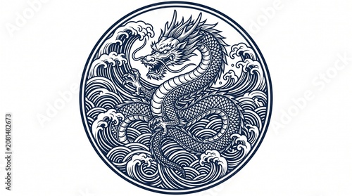 Mythical chinese dragon emerging from turbulent sea waves with mythical