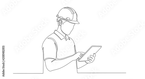 Male engineer wearing hard hat using digital tablet line art