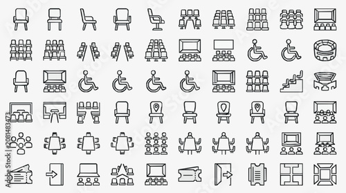 Minimalist Black and White Icons Set of Various Seating Arrangements Auditoriums and Conference Room Layouts
