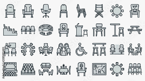 Clean Minimalist Line Icons Set of Various Seating Arrangements and Office Furniture in Monochrome