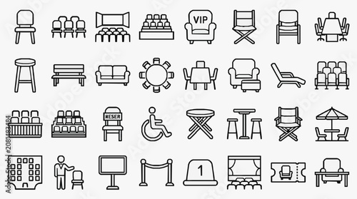 Elegant Black and White Line Icons Set of Modern Seating and Event Furniture Arrangements with high quality professional line art symbols for modern creative design and digital branding projects